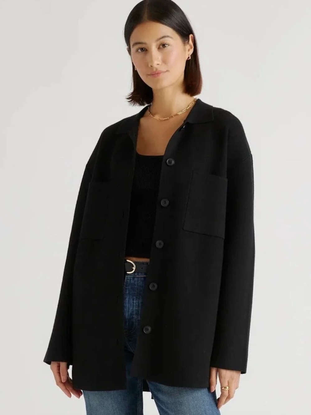 Quince Black Oversized Button-Front Sweater Jacket